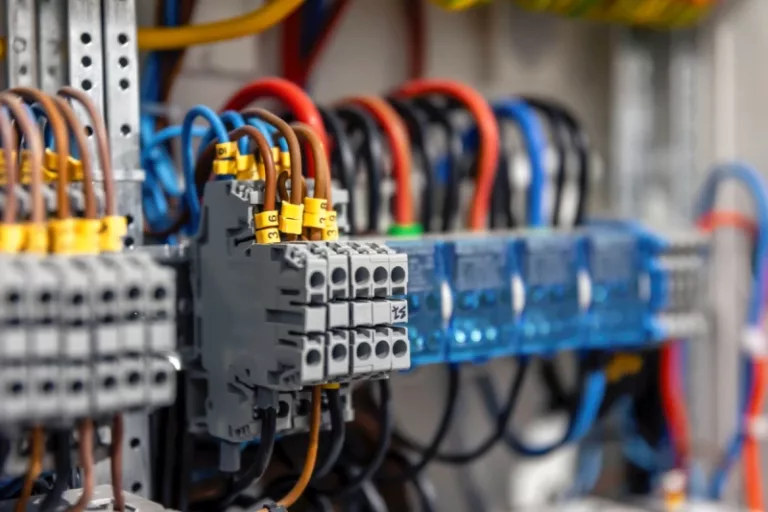 panel electrico con fusibles y contactores de primer plano